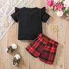 Girls Fashion Outfit Plaid Heart Embroidery Flutter Sleeve Top and Shorts 3 Piece Set