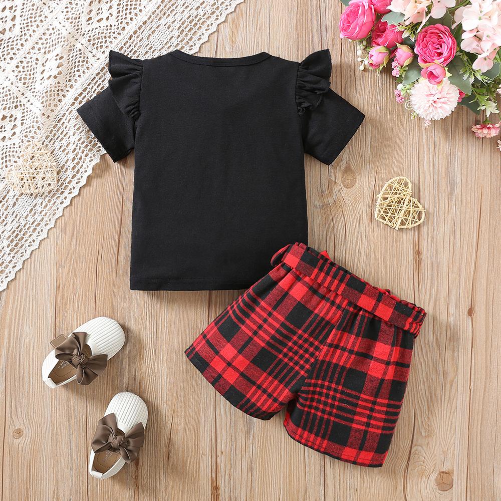 Girls Fashion Outfit Plaid Heart Embroidery Flutter Sleeve Top and Shorts 3 Piece Set
