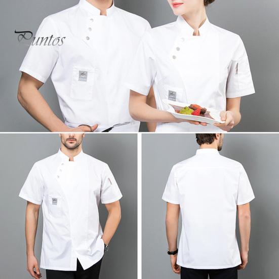 Solid Color Chef Top Slanted Collar Button Short Sleeve Pocket Hotel Workwear Professional Stand Cardigan Catering Uniform Kitchen Clothes Waiter