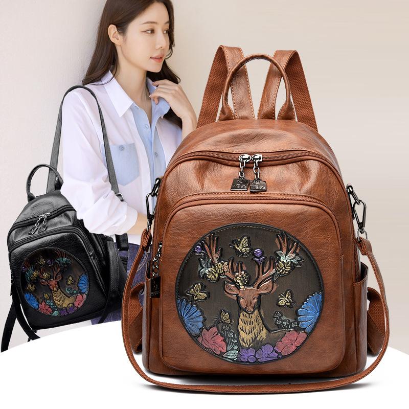 Printed Large Capacity Backpack Women's Retro PU Backpack