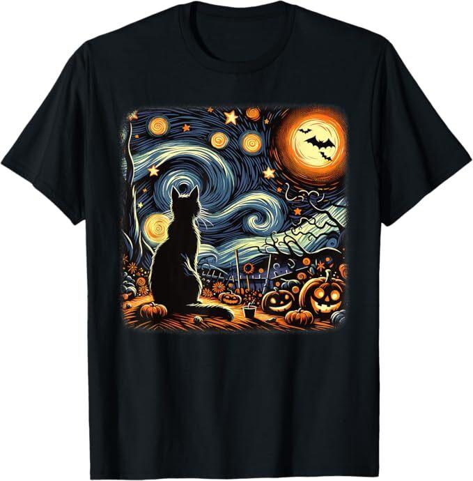 Halloween Van Gogh Starry Night Black Cat Pumpkins Bats Unisex T-Shirt Unisex T-Shirt S