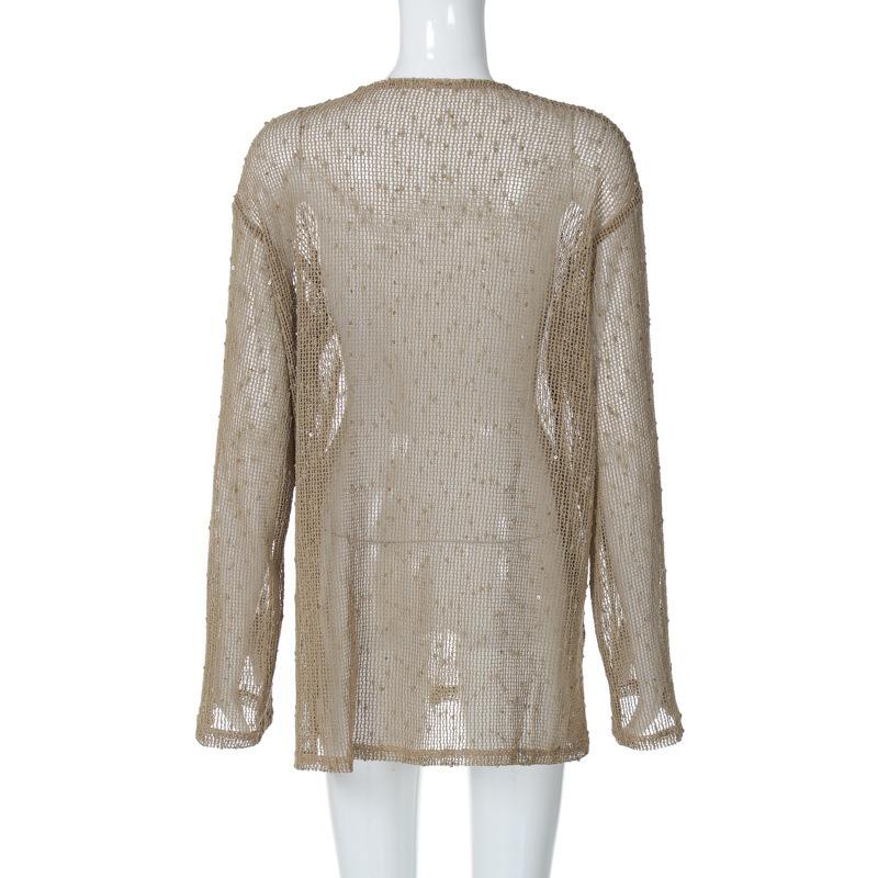 Sexy Perspective Knitted Hoodie Women's Solid Color Loose Round Neck Long Sleeved Top T-shirt Summer New Fashion