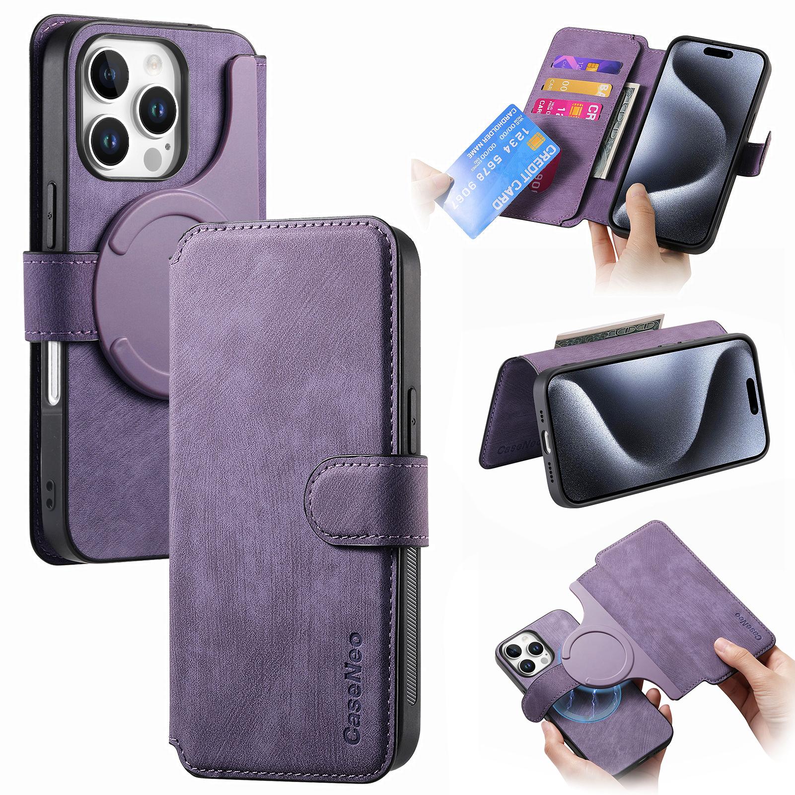 

For iPhone 16 Pro Max Magnetic Case CASENEO Detachable Leather Phone Wallet Cover Purple