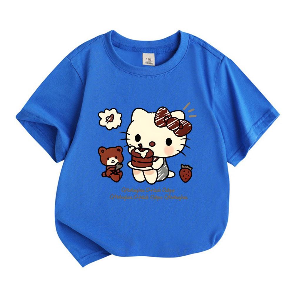Cute Cartoon Cat Print Kids T Shirt 100% Cotton Short Sleeve Crew Neck Casual Tee for Boys Girls Sweet Chocolate Cake Bear Strawberry Pattern Soft Sum