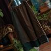 Vintage Patchwork Coffee Green Cotton Linen Skirt with Raw Edge and Large Hem