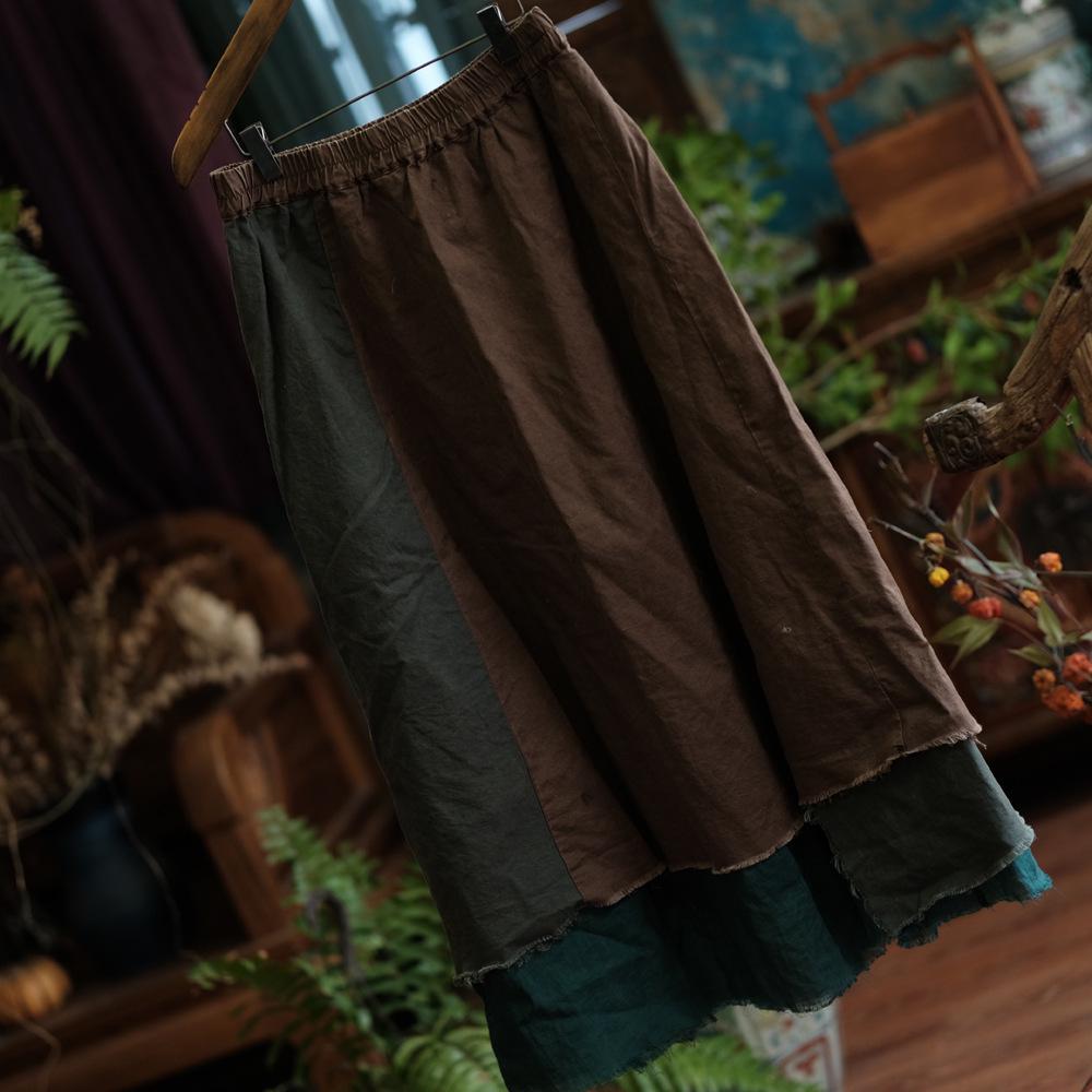 Vintage Patchwork Coffee Green Cotton Linen Skirt with Raw Edge and Large Hem