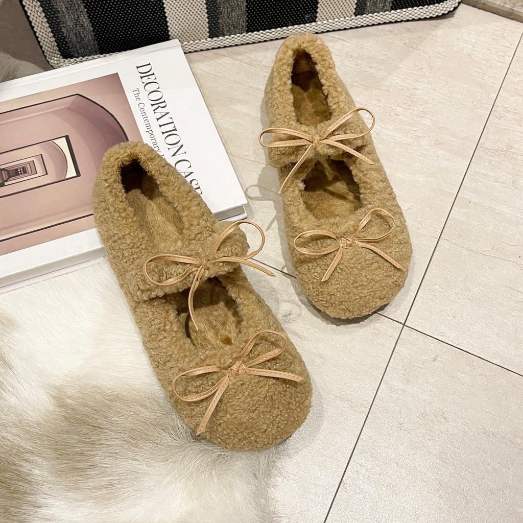 Fan Jieya Flat-bottomed Plush Shoes Women's Winter Wear 2025 Autumn and Winter New Bow Doudou Single Shoes