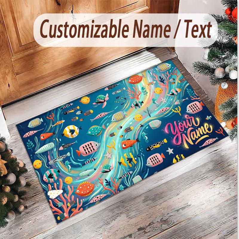 Fish Ocean Theme Soft Crystal Velvet Rug Custom Name & Text Print Non Slip Floor Rug for Bedroom Living Room
