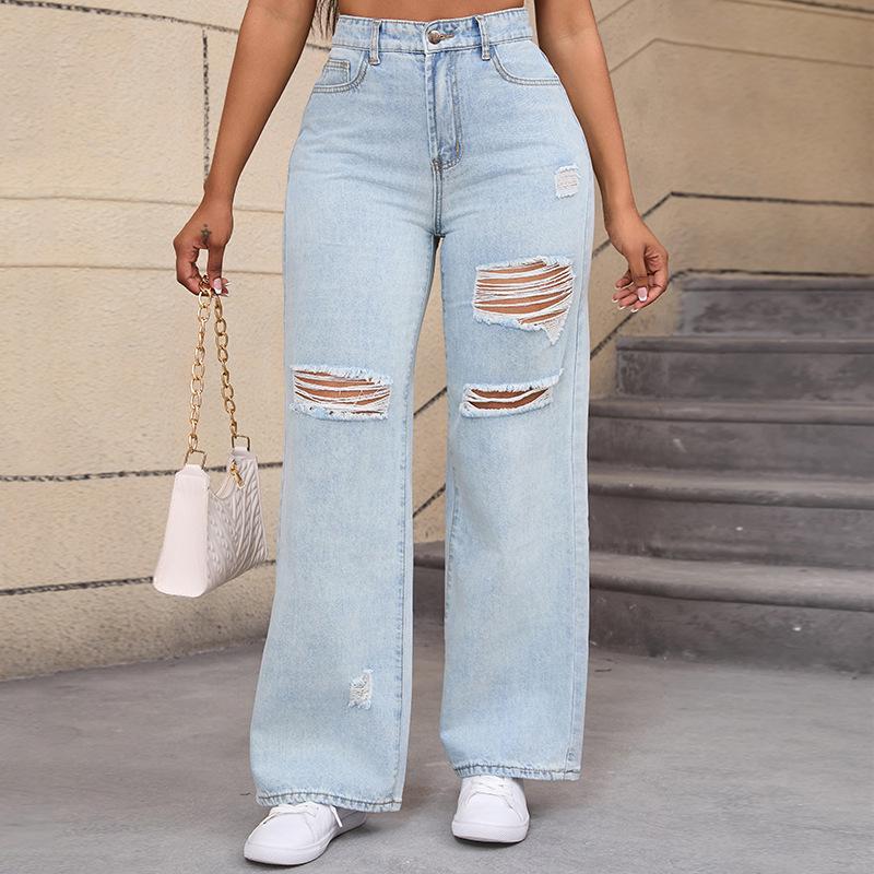 2024 High-Quality Women s Wide-Leg Ripped Jeans S синий/белый