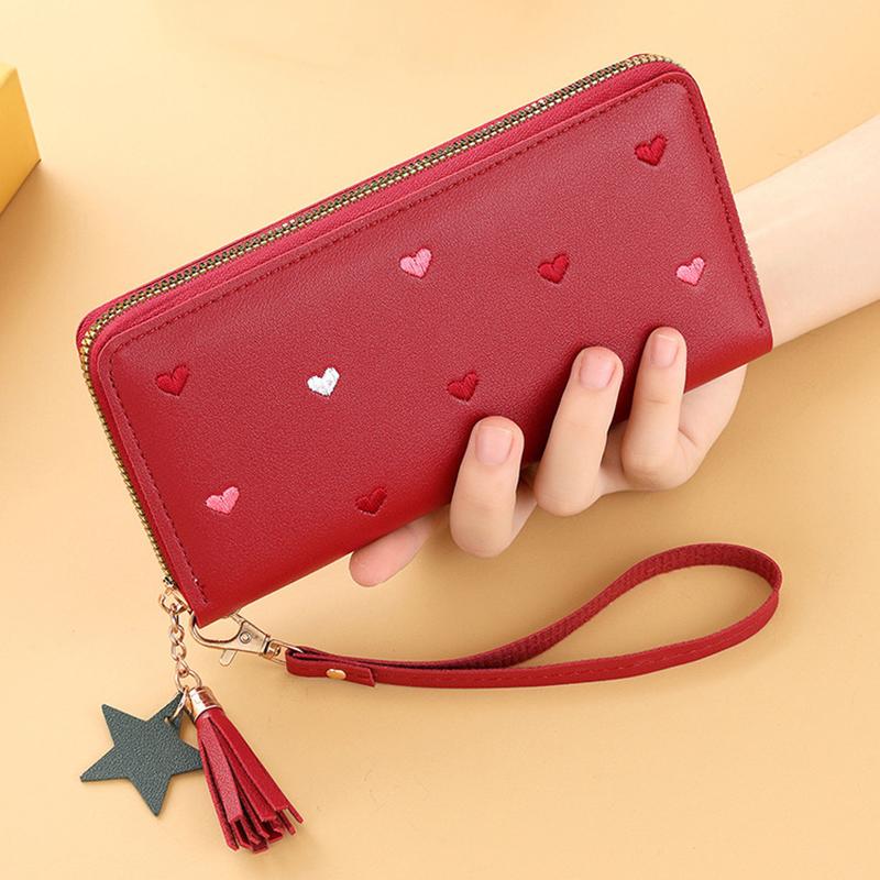 New Long Women Wallet With Heart-Shaped Korean Style Tassel Embroidery Card Holder For Women