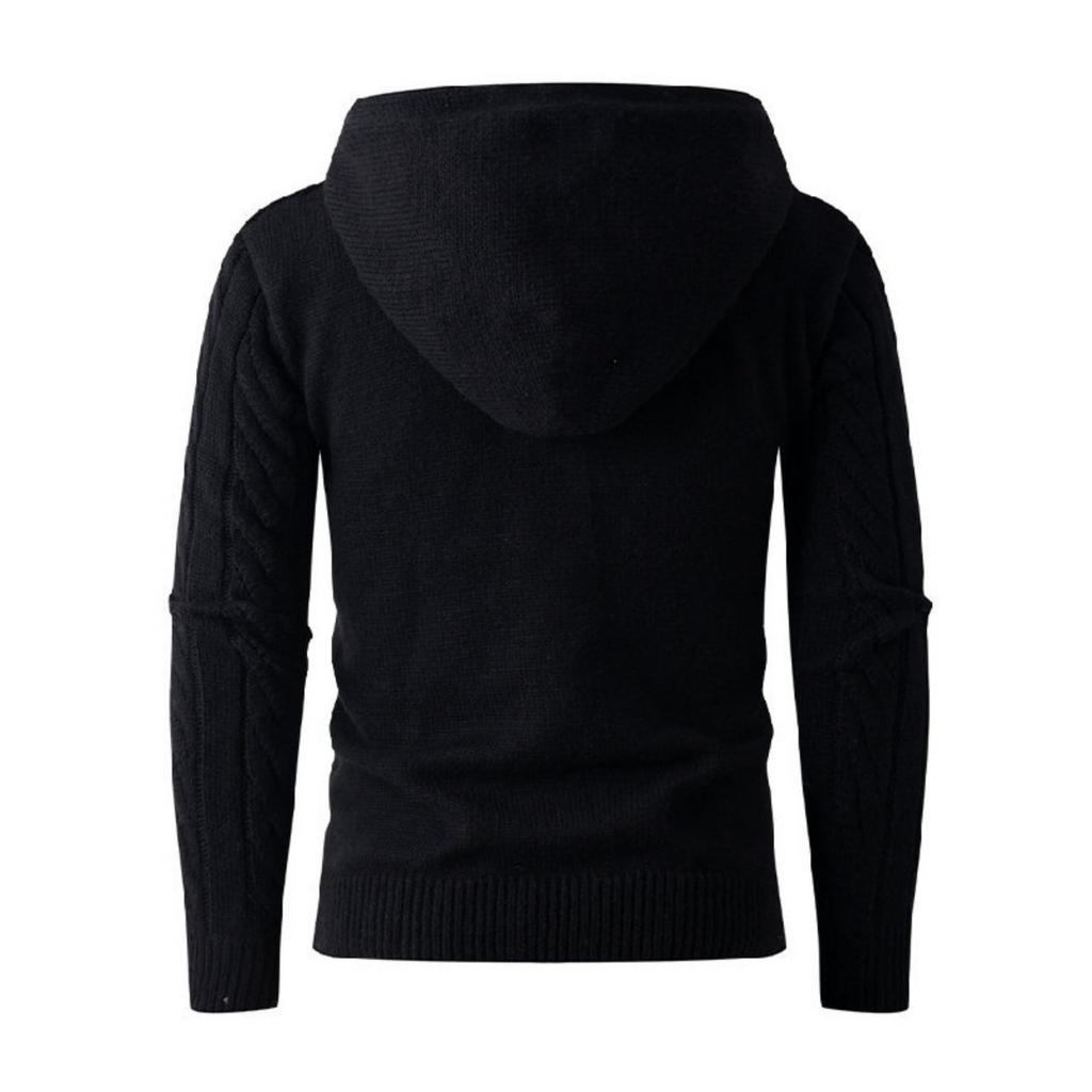 Men's Solid-color Casual Long-sleeved Hooded Pullover, Men's Button Collar Embossed Texture Warm Knitted Sweater