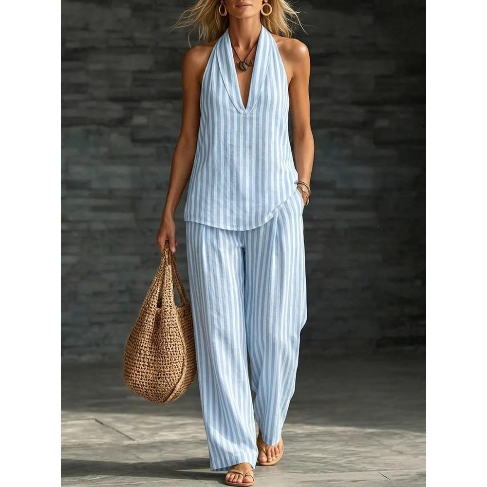 Women's Loose Fit Striped Halter Neck Sleeveless Two-Piece Outfit Set Tank Top and Wide Leg Pants