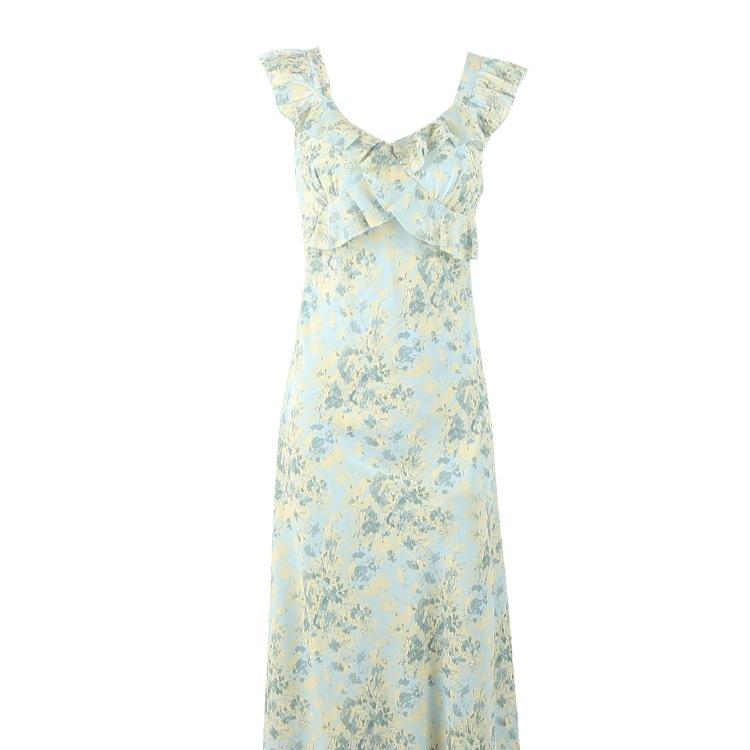 Sweet small flying sleeves floral dress gentle wind dress women's summer niche temperament slim ruffle edge a word long dress