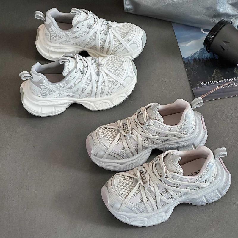 Four Seasons Mesh Fancy Strap Dad Shoes Women's Spring and Summer New Thick-soled Breathable Lightweight Sneakers