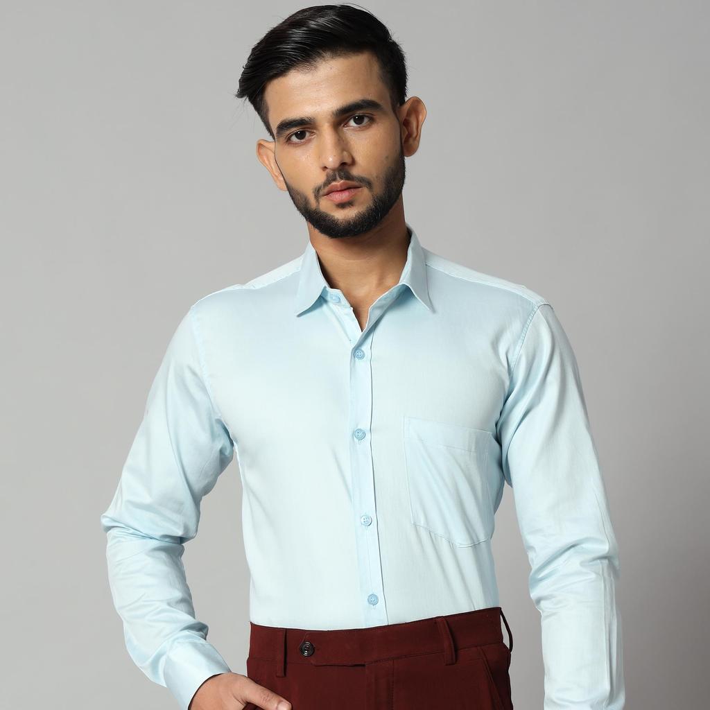 Eisblaues formelles Langarmhemd aus Baumwollsatin für Herren – 90 % gekämmte Baumwolle, 10 % Satin