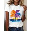 1pc Plus Size Woman'S Winter Clothes-Loose Fit, Watercolor Palm Sunset Beach Summer Women'S Tee