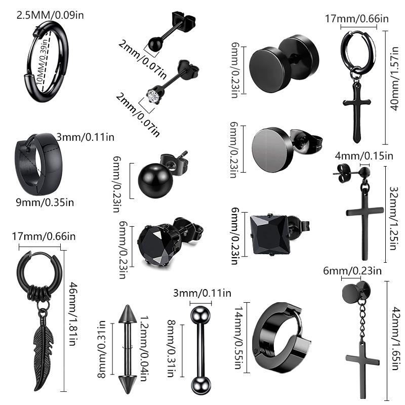 1/16 Pairs Black Punk Stainless Steel Women Men Hoop Earrings Small Trendy Round Cross Pendants Jewelry Accessories Earrings