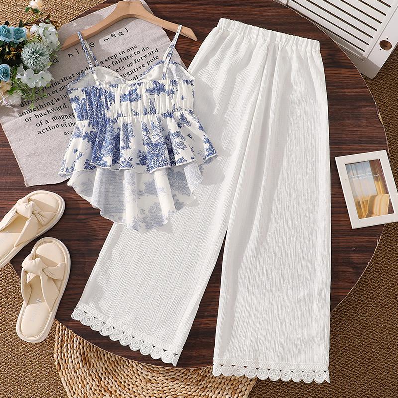 Sweet Girl's Set - Summer Children's Elegant Strapless Wide-leg Pants Set