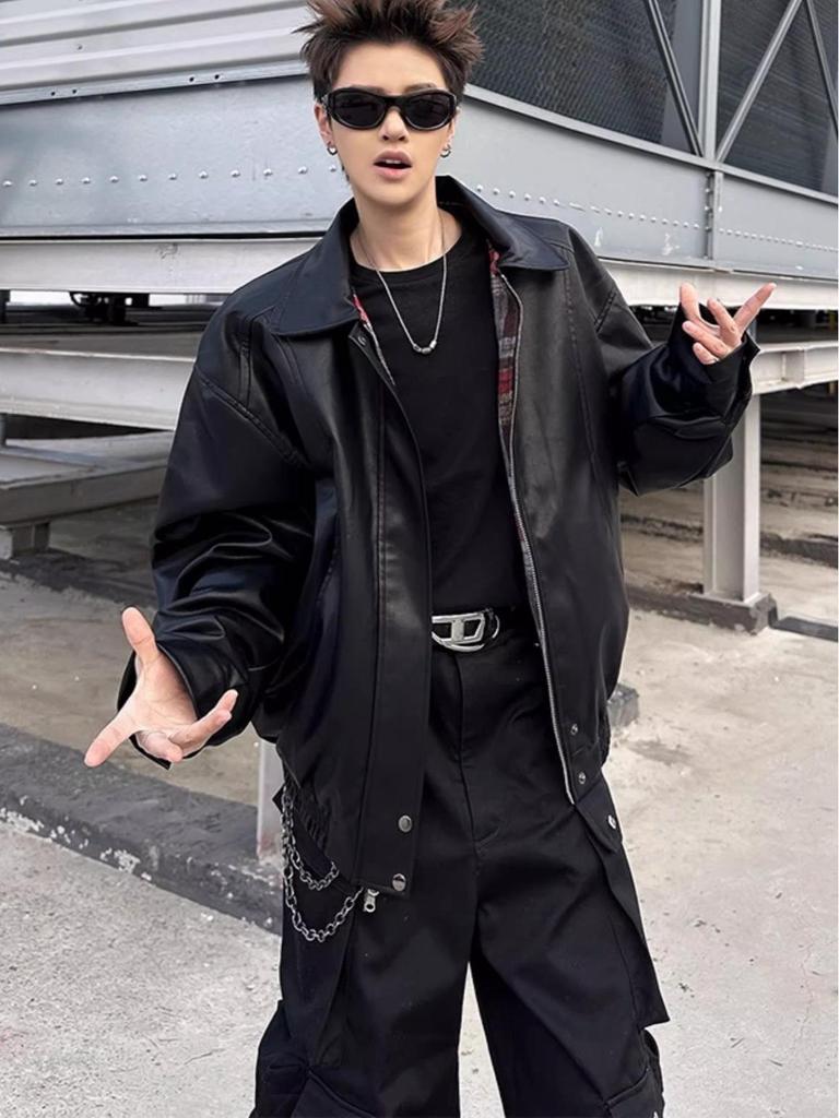 Men's Retro Loose Plaid Reversible PU Leather Jacket - Trendy American Spring/Autumn Outerwear