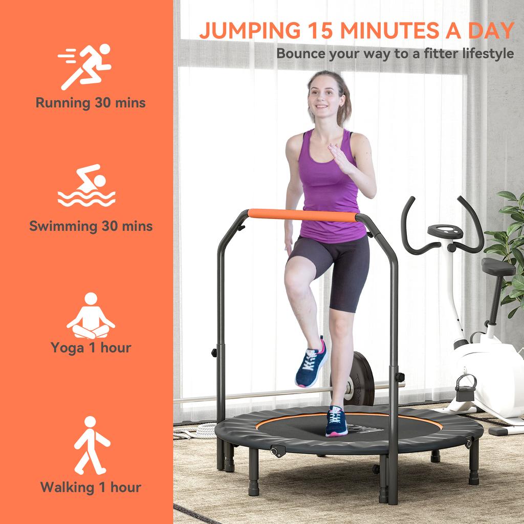 48" Foldable Mini Fitness Trampoline, with Adjustable Foam Handle, Orange