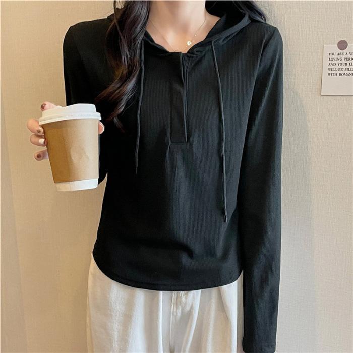 Tight T-shirt for Women Long-sleeved Fall and Winter New Hooded Shoulder Waist Slimming Base Shirt