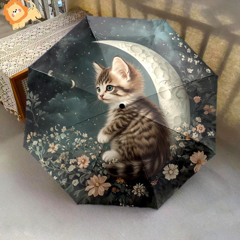 1 PC Automatic Folding Umbrella - Kitten and Moon Night Pattern, Portable & Foldable Design with 8 Ribs, Christmas Birthday Gifts