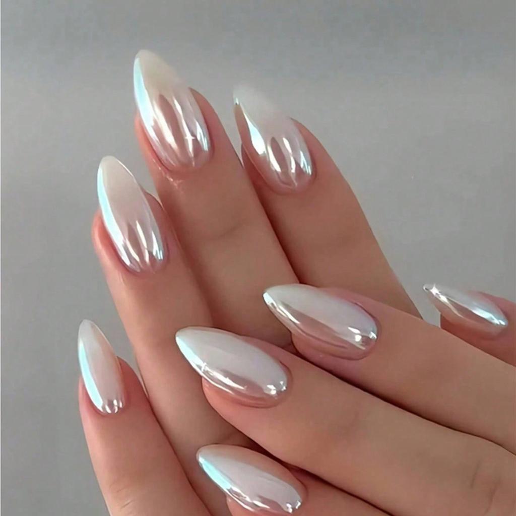 24pcs Minimalist Elegant Daily Aurora White Almond Shaped Fake Nails Nail Tips Set, Suitable For Girls And Ladies For Everyday Use Nail Supplies