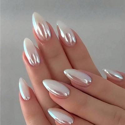 Set di 24 Unghie Finte Minimaliste Eleganti Aurora White a Forma di Mandorla, Punte per Unghie, Adatto per Ragazze e Donne per l'Uso Quotidiano, Forniture per Unghie