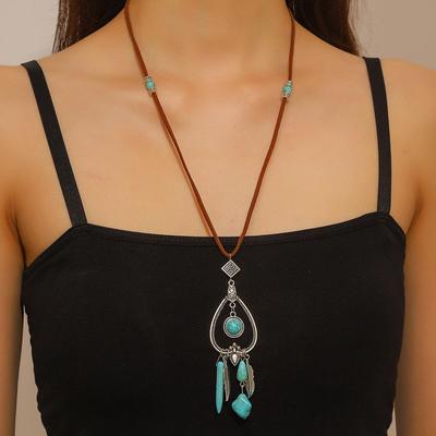 Ciondolo Etnico Bohemien Turchese Lunga Catena per Maglione - Gioielli Vintage Autunno/Inverno