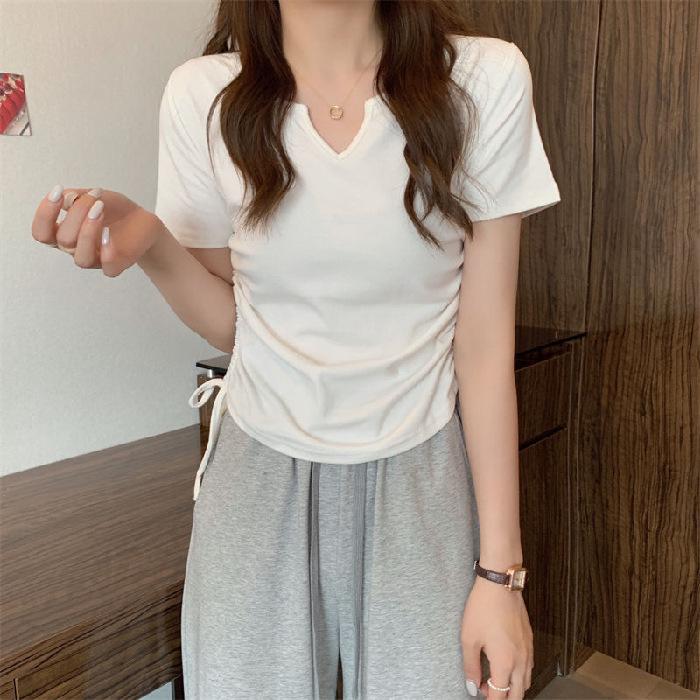 2024 Summer Women's Slim V-Neck Drawstring T-Shirt - Solid Color Short-Sleeve Trendy Student Top