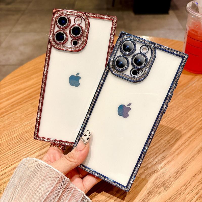 

Блестящий прозрачный чехол для телефона TPU с бриллиантовой рамкой для iPhone 16 Pro 15 Pro Max 14 13, прозрачный противоударный мягкий бампер iPhone 16 розовый