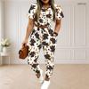 Women Plus Size White Purple Printed Round Neck Short Sleeve Top Drawstring Cuffed Pocket Pants Two Piece Set