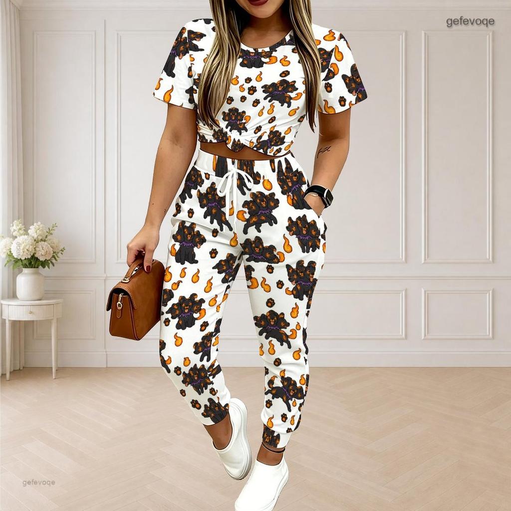 Women Plus Size White Purple Printed Round Neck Short Sleeve Top Drawstring Cuffed Pocket Pants Two Piece Set