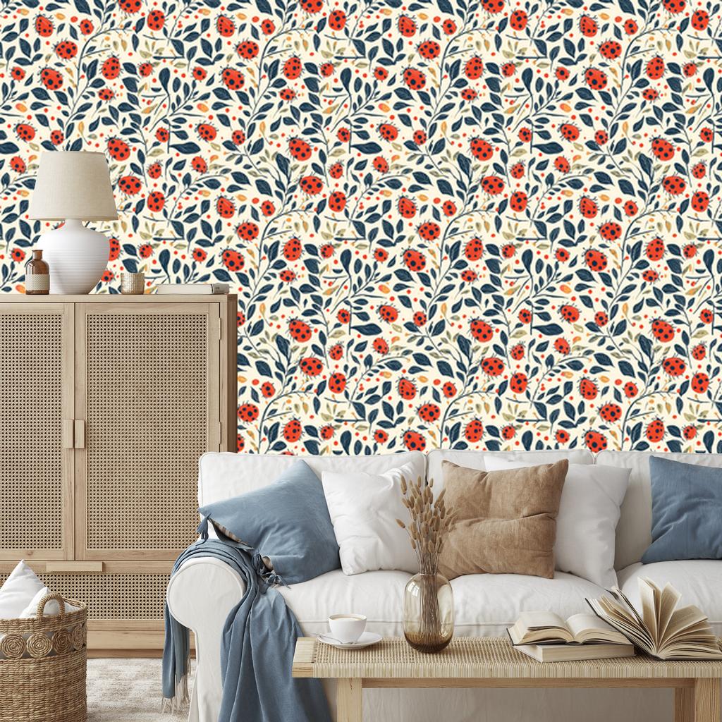 Ladybugs Wallpaper Cream and Light Gray for Living Room and Bedroom 50x1000