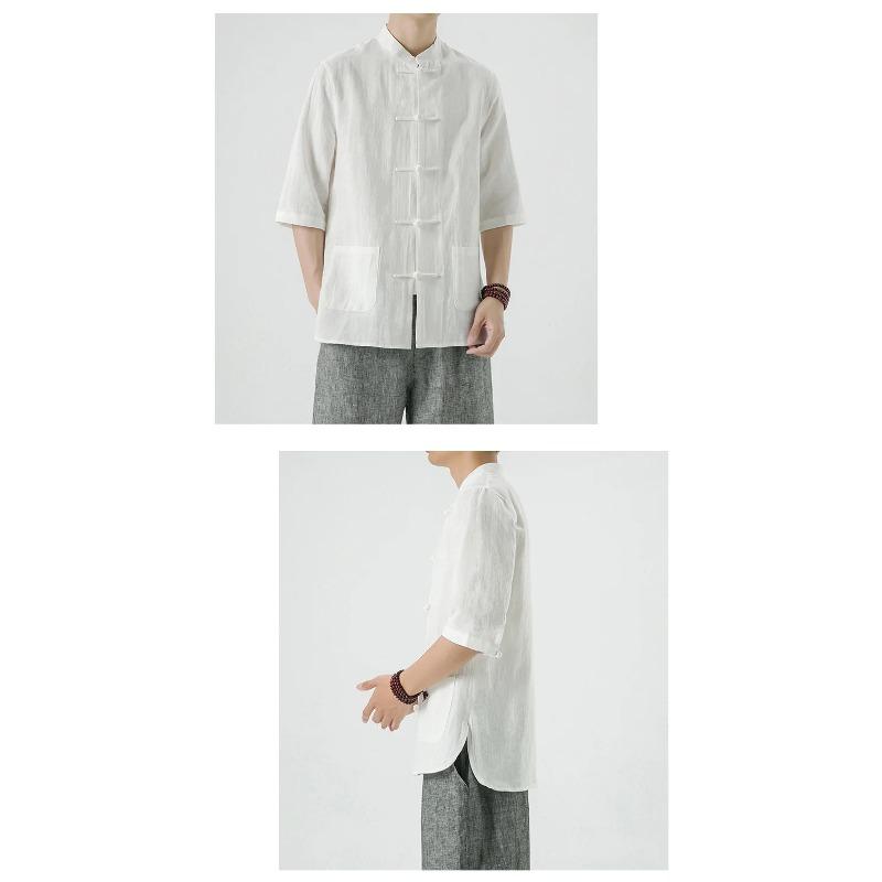 Chinese Style Mens Linen Summer Shirt Retro Stand Collar Half Sleeve Chinese Kong Fu Suit Men Hanfu