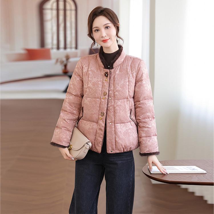 

Winter 2025 Pink Stand Collar Down Jacket with Cheongsam Button - Women s Thickened Outerwear 3XL
