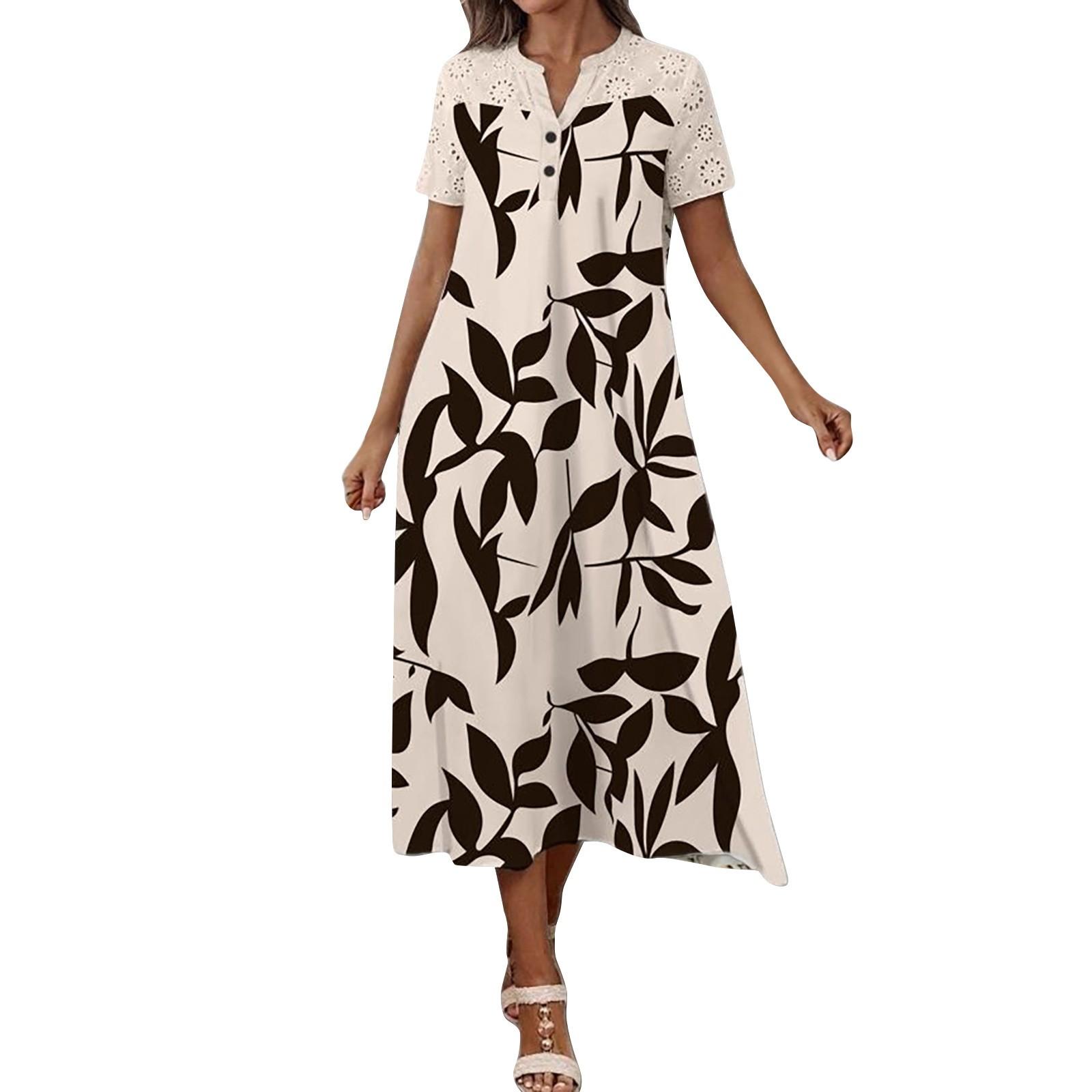 

Женское повседневное платье миди с коротким рукавом и V-образным вырезом с цветочным принтом L бежевый