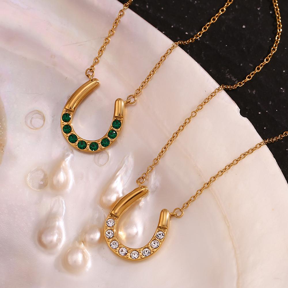 MamacitaSlay 18K Gold Plated Sparkling Horseshoe U-shaped Pendant O-chain Women's Stainless Steel Necklace Jewelry On The Neck