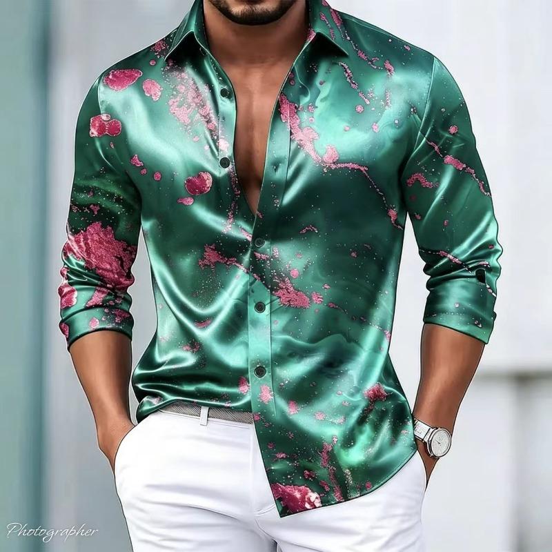 Herren Luxus Satin Langarmhemd mit 3D-bedruckten Seidenknöpfen und glänzender Oberfläche, Nachtclub Party Lässiges Modehemd