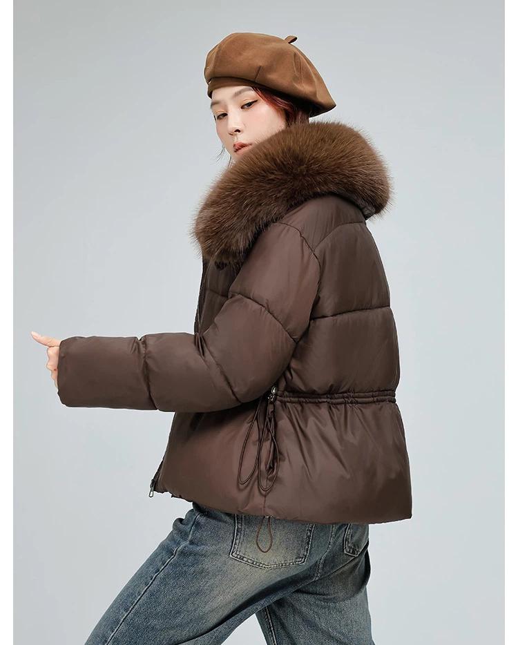 Women’s Short Big Fur Lapel Drawstring Warm Winter Jacket