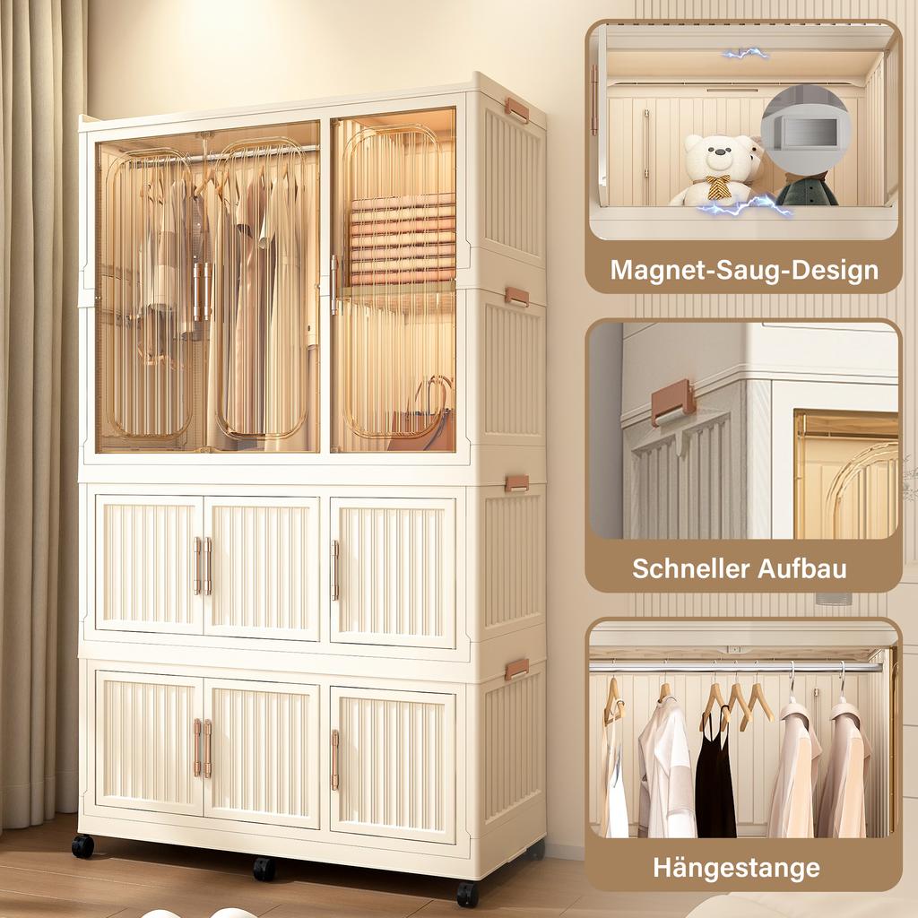 Foldable Plastic Wardrobe with 9 Magnetic Doors, 1 Clothes Rail, 6 Lockable Casters, 6 Coat Hangers, Storage for Bedroom, Children's Room