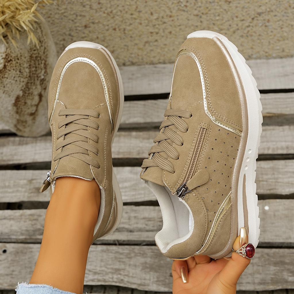 Women's Wide Width Round Toe Lace-Up Sneakers - Two-Tone Color Block Casual Flats for Fall, Fashion Breathable Walking Shoes