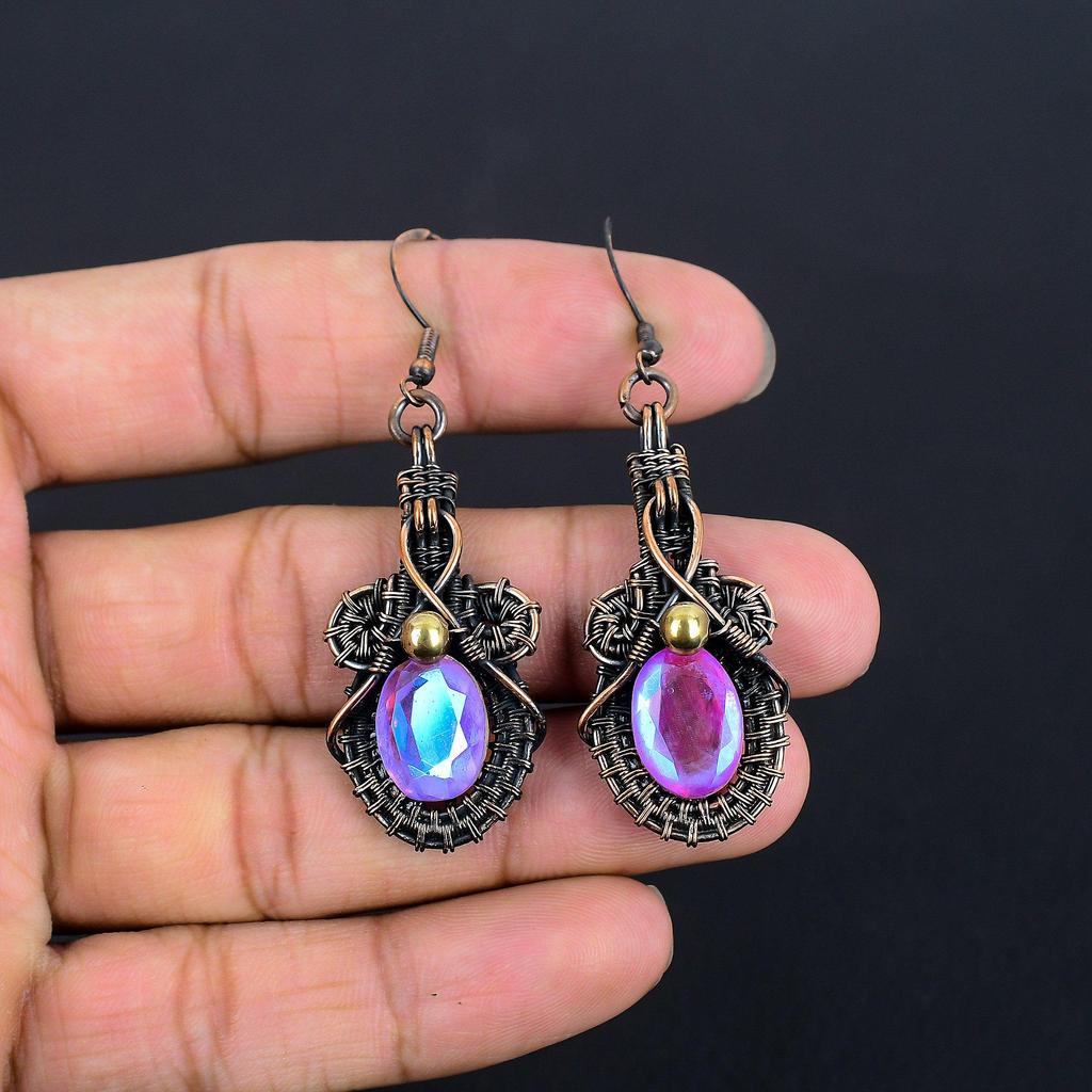 Pink Mystic Topaz 999 Copper Wire Wrapped Earrings, Handmade Gemstone Earrings Jewelry, Gifts For Wife Brand New Earrings