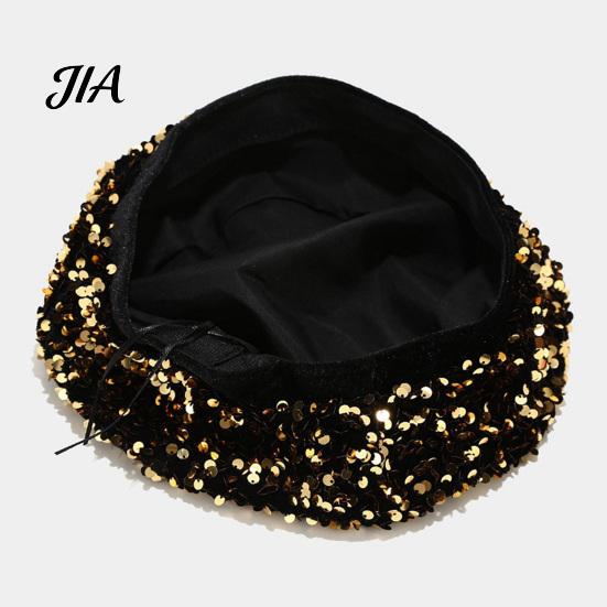 Sophisticated Daily Accessory Women Sequined Beret Hat, Sparkly Retro Artist Cap, Stylish Outdoor Fashion Headgear Adjustable Painter Cap for