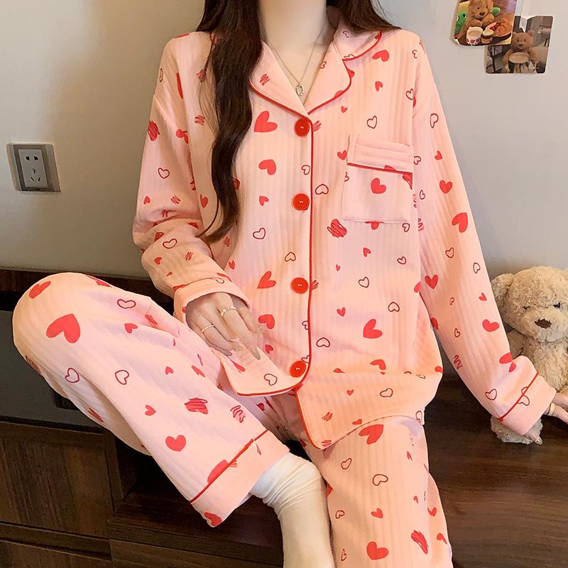 Air cotton pajamas women's autumn and winter long sleeves thickened interlayer warm stars cat student loungewear real shot