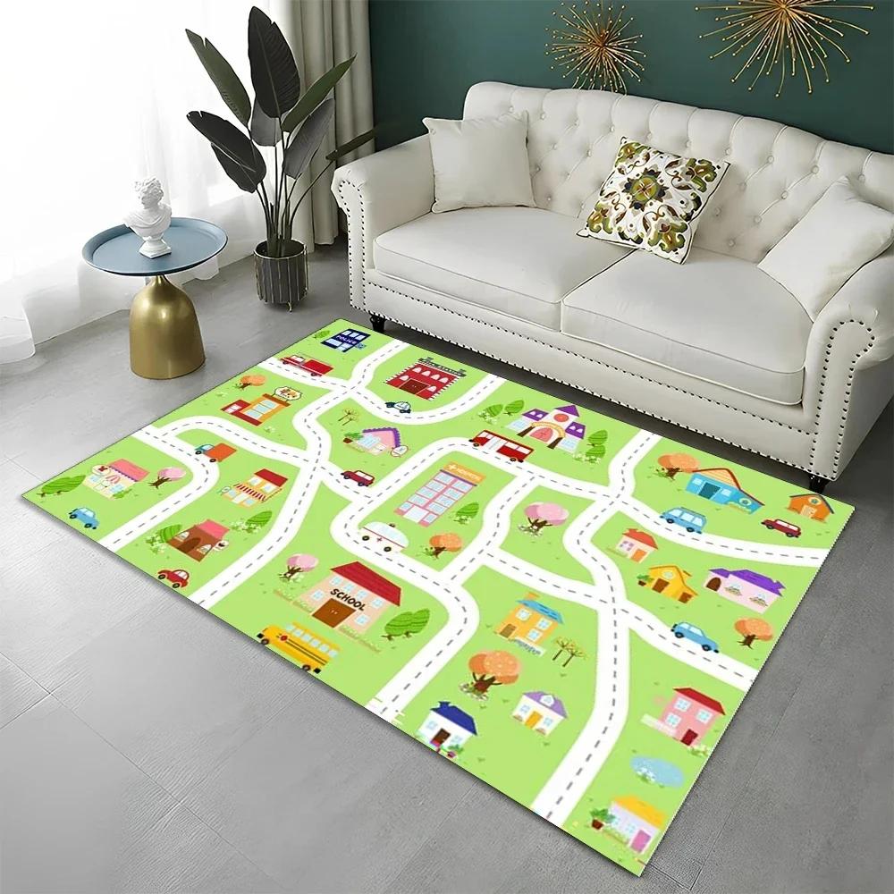 Highway City Kinderspielmatte Verkehr Spielzimmer Teppich Teppich für Zuhause Wohnzimmer Schlafzimmer Fußmatte Dekor, Bereichsteppiche Rutschfeste Bodenmatte