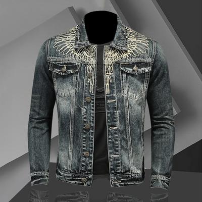 Chaqueta de Mezclilla para Hombre Vintage Desgastada Estilo Americano Corte Ajustado Chaqueta de Motociclista Ropa de Trabajo Abrigo Casual Primavera Otoño