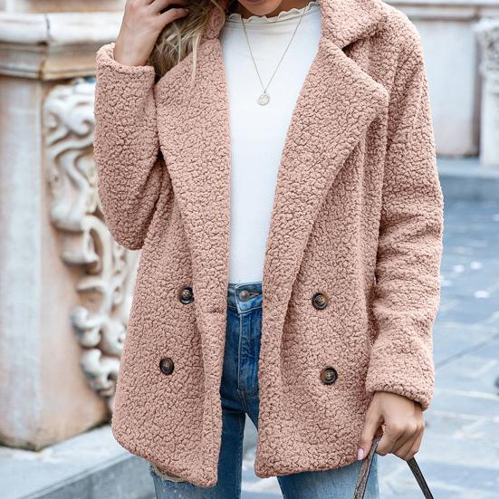 Dámský zimní kabát jednobarevný umělý fleece dlouhý rukáv knoflíky bunda svrchní oděv