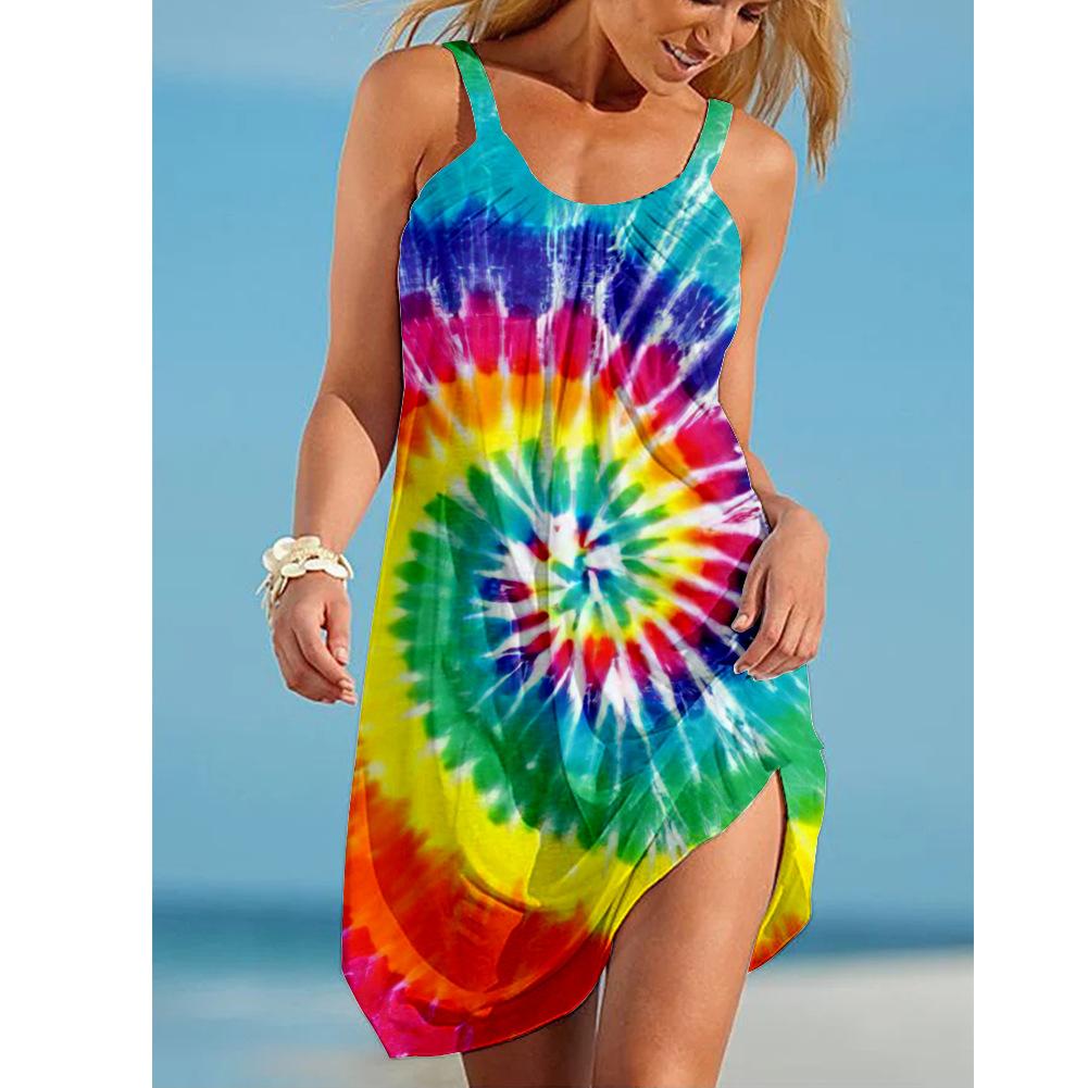 Sommer Damen Sexy Sommerkleid 3D Buntes Batikmuster Druck Cooles Strandtop am Meer Y2K Harajuku Übergröße Damenbekleidung