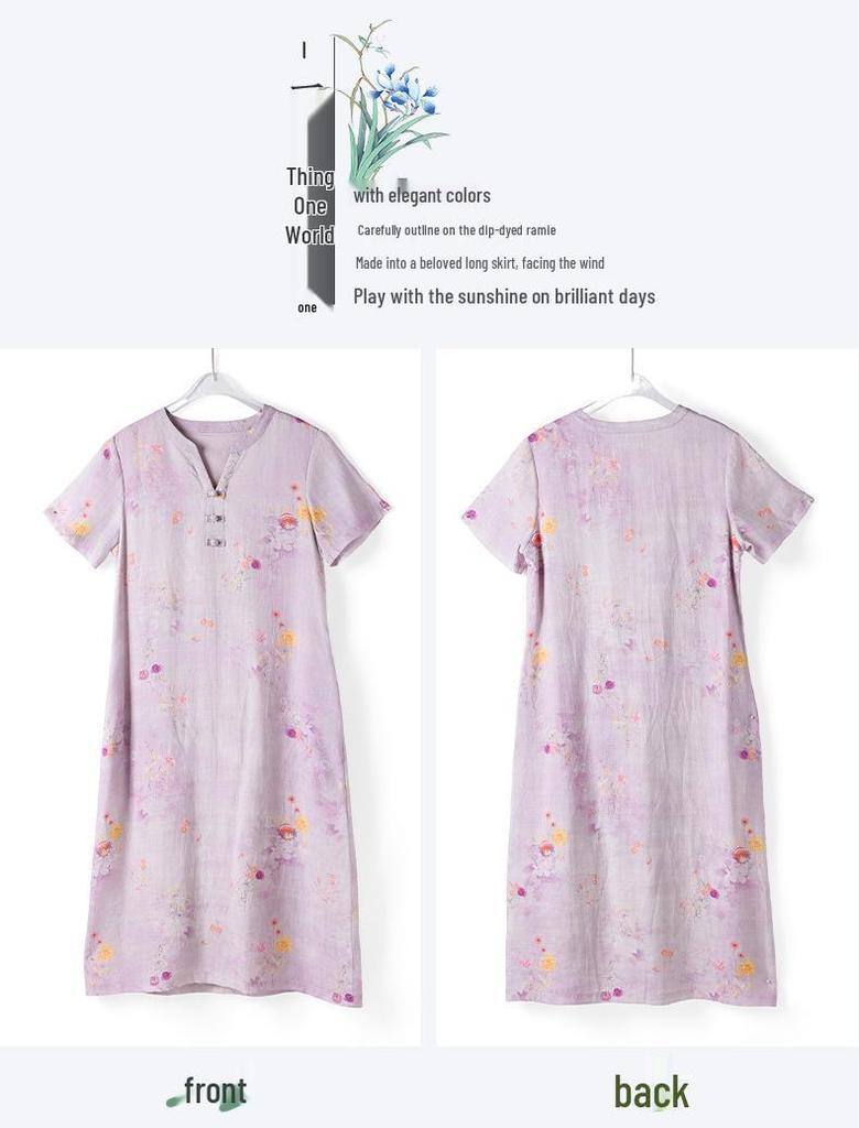 Retro Artistic Ramie Print Qipao Dress – V-neck, Short Sleeve, Mid-Length, Chinese Style for Summer